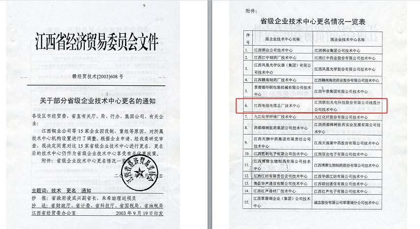  2003.09zoty中欧,zoty中欧官网,zoty中欧官方app下载,zoty中欧官方网站电缆被评为“省级企业技术中心”更名批文